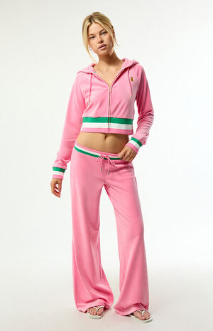 Pink Velour Striped Corset Cropped Track Jacket image number 4