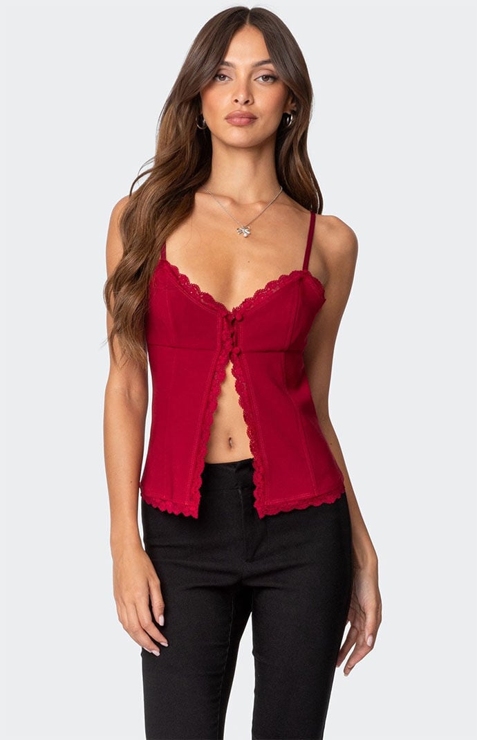 Edikted Crimson Lacey Split Front Top | PacSun
