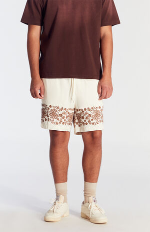 Cream Embroidered Volley Shorts image number 2