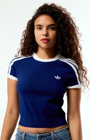 Navy Knit Short Sleeve Crop Top image number 1