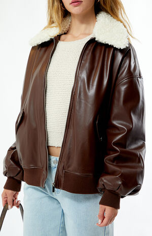 Faux Leather Sherpa Collar Bomber Jacket image number 2