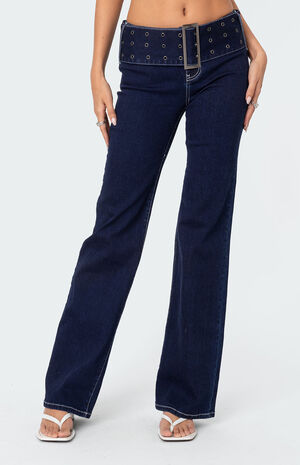 Buckle Belt Washed Flare Jeans image number 2