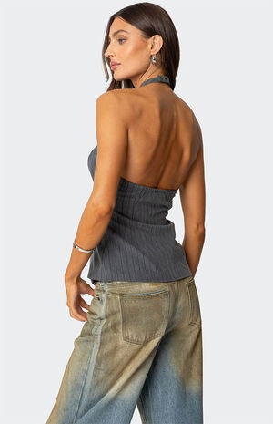 Split Front Pinstripe Halter Top image number 5