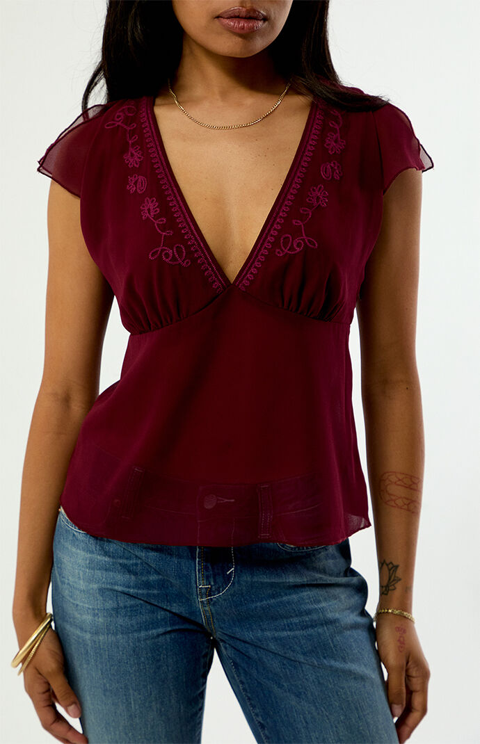 Beverly and Beck Mica Embroidered Chiffon Short Sleeve Top