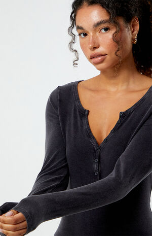 Ashlee Washed Notched Henley Long Sleeve Top image number 2