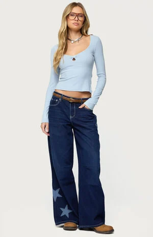 Trish Satin Effect Stars Low Rise Jeans image number 5