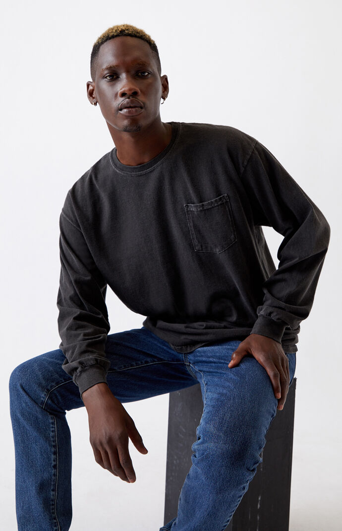 Black Vintage Wash Pocket Long Sleeve T-Shirt