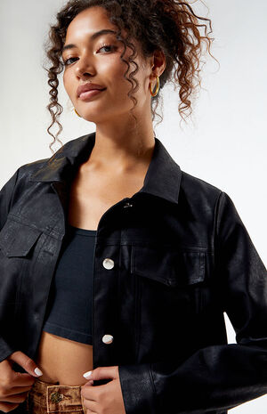 Longline Faux Leather Trucker Jacket image number 3