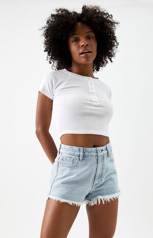 Light Blue High Waisted Denim Festival Shorts image number 3