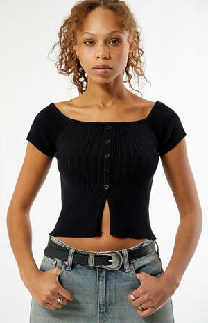 Off-The-Shoulder Button Front Sweater image number 3