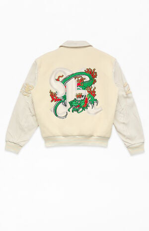 Dragon Embroidered Leather Varsity Jacket image number 2