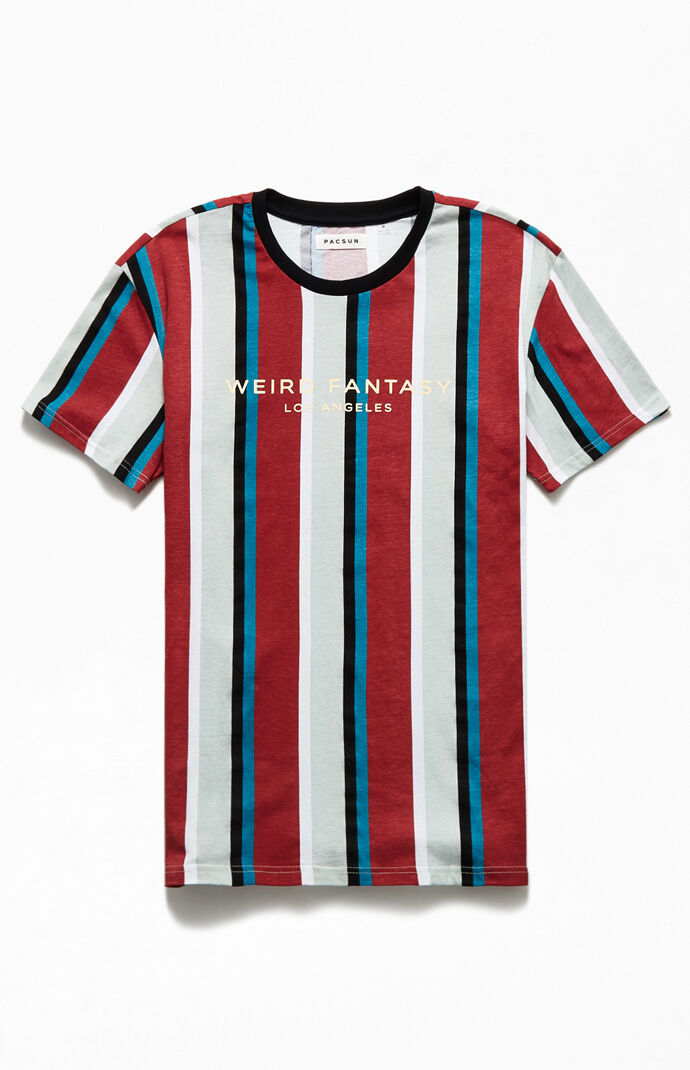 Red Weird Fantasy Vertical Striped T-Shirt