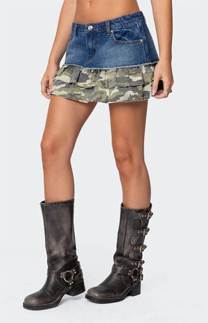 Camo Ruffle Denim Mini Skirt image number 4
