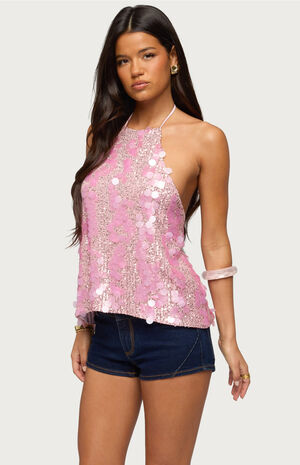 Ellorie Backless Sequin Halter Top image number 2