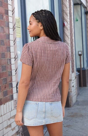 Brown Plaid Textured Teagan Collared Top image number 4