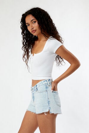 Eco Light Indigo V-Dip High Waisted Denim Festival Shorts image number 3