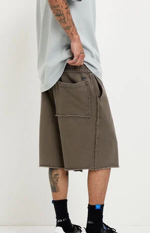 Washed Brown Fleece Raw Baggy Sweat Shorts image number 5