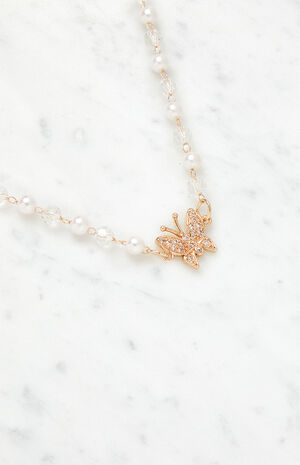 Gold Pearl Butterfly Choker Necklace image number 4