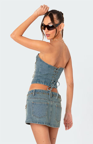 Studded Washed Denim Lace-Up Corset image number 4