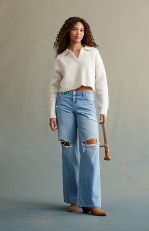 Light Indigo Ripped Low Rise Baggy Jeans image number 5