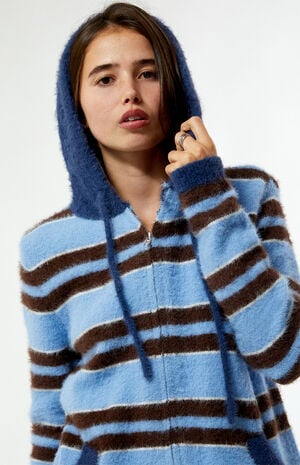 Striped Fluffy Knit Zip Up Hooded Sweater image number 2