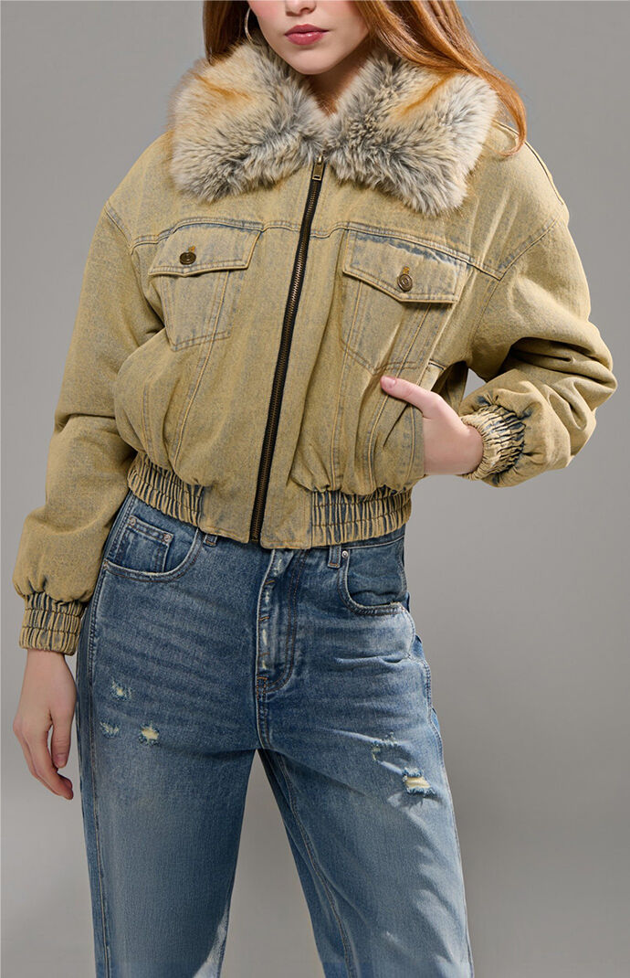 AZALEA WANG Evra Faux Fur Jean Bomber Jacket