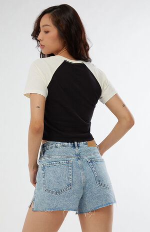 Eco Medium Blue High Waisted Vintage Cutoff Denim Shorts image number 3