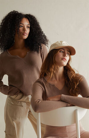 Waffle Knit Notched Neck Long Sleeve Top image number 1