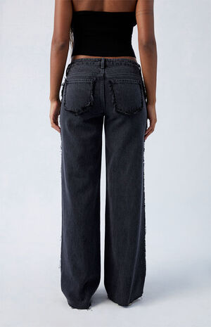 Black Frayed Wren Low Rise Wide Leg Jeans image number 4