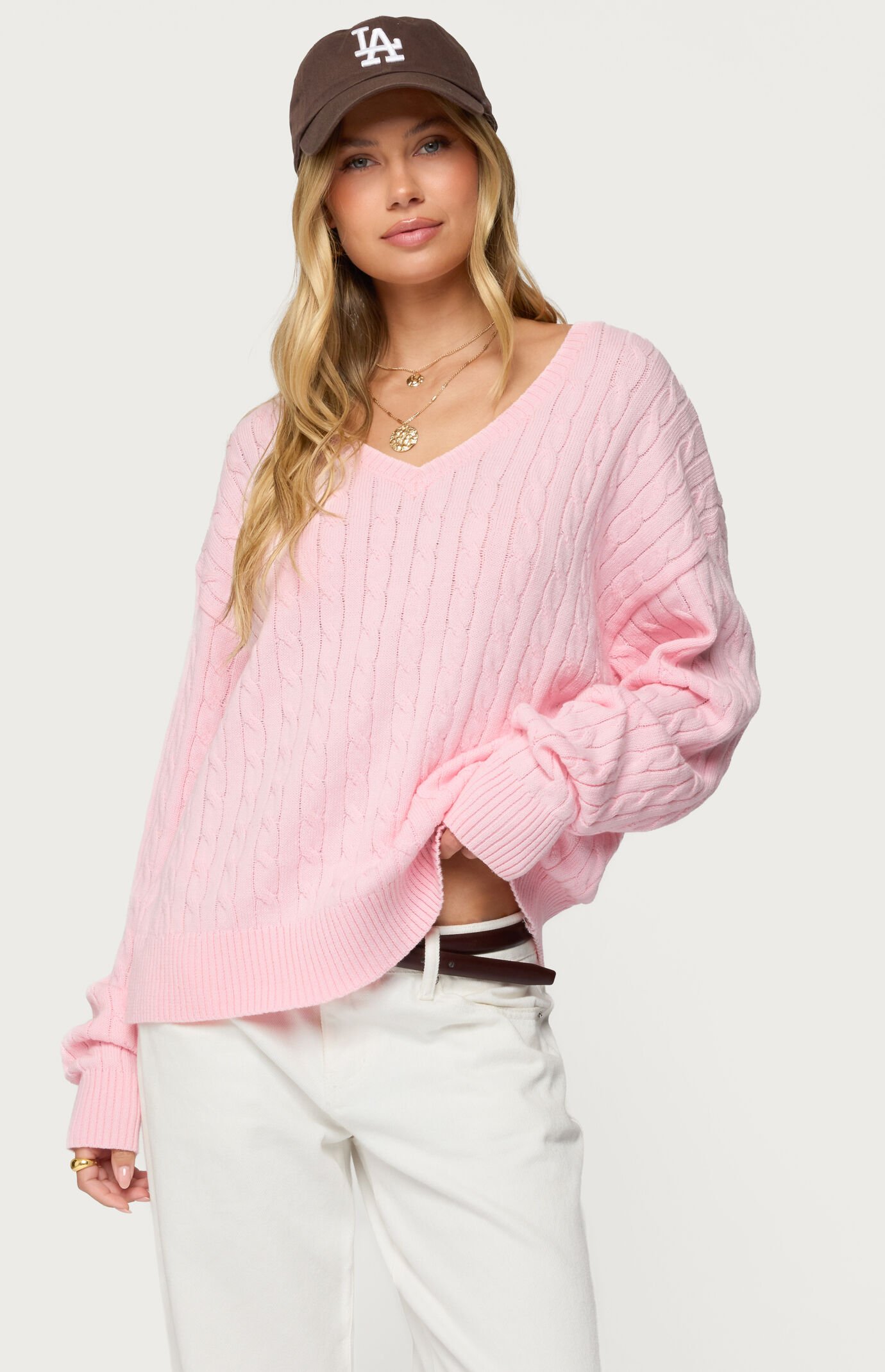 Edikted Polly V Neck Cable Knit Sweater
