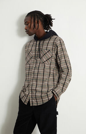 Black & Brown Hooded Plaid Shirt image number 1
