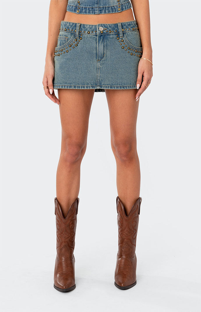 Edikted Studded Low Rise Washed Denim Mini Skirt | PacSun
