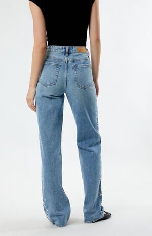 Medium Indigo Floral Rhinestone '90s Boyfriend Jeans image number 4