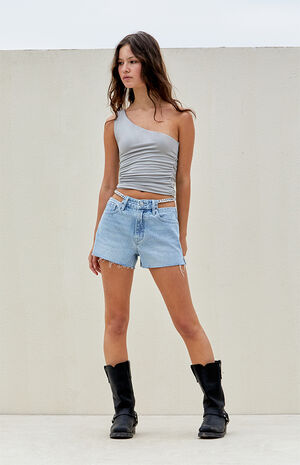 Light Indigo Chain High Waisted Denim Festival Shorts image number 1