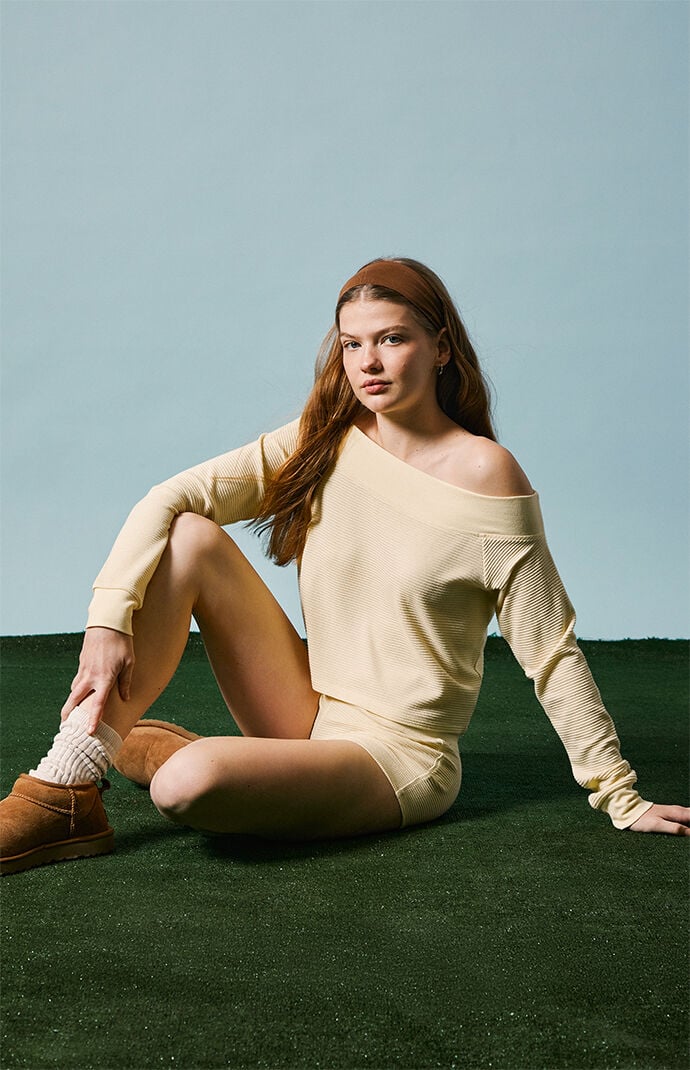 PAC 1980 Active Aspen Waffle Knit Off-The-Shoulder Sweatshirt