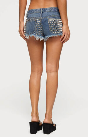 Studded Frayed Low Rise Denim Shorts image number 3