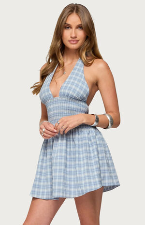 Plaid Smocked Halter Mini Dress image number 2