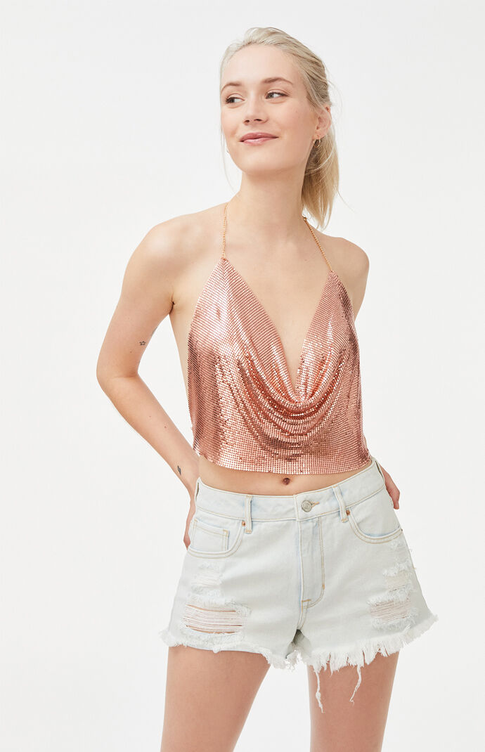 Chain Mail Cowl Neck Halter Top
