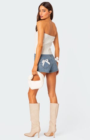 Bow Pocket Washed Denim Shorts image number 4