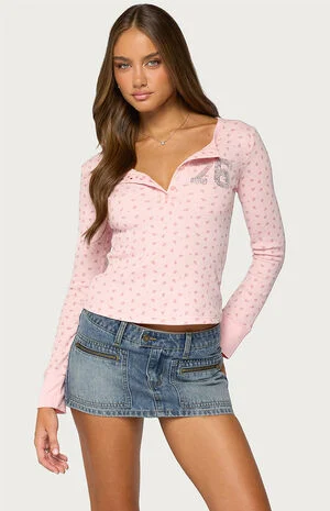 76 Rhinestone Floral Henley Top image number 1