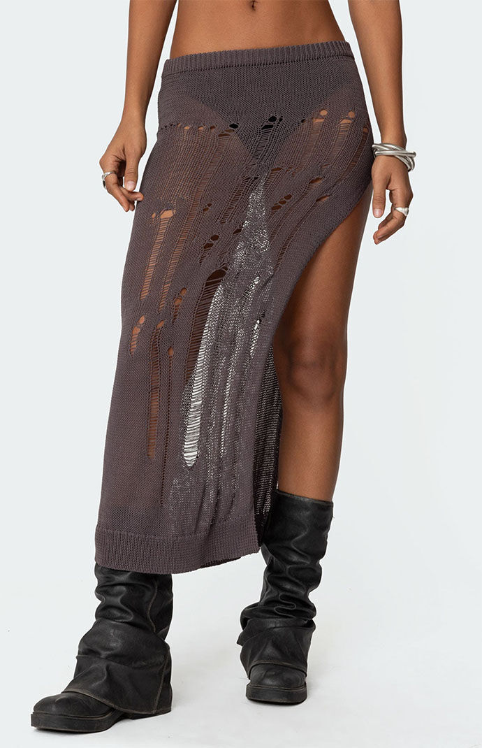 Edikted Jaynie Distressed Knit Maxi Skirt | PacSun