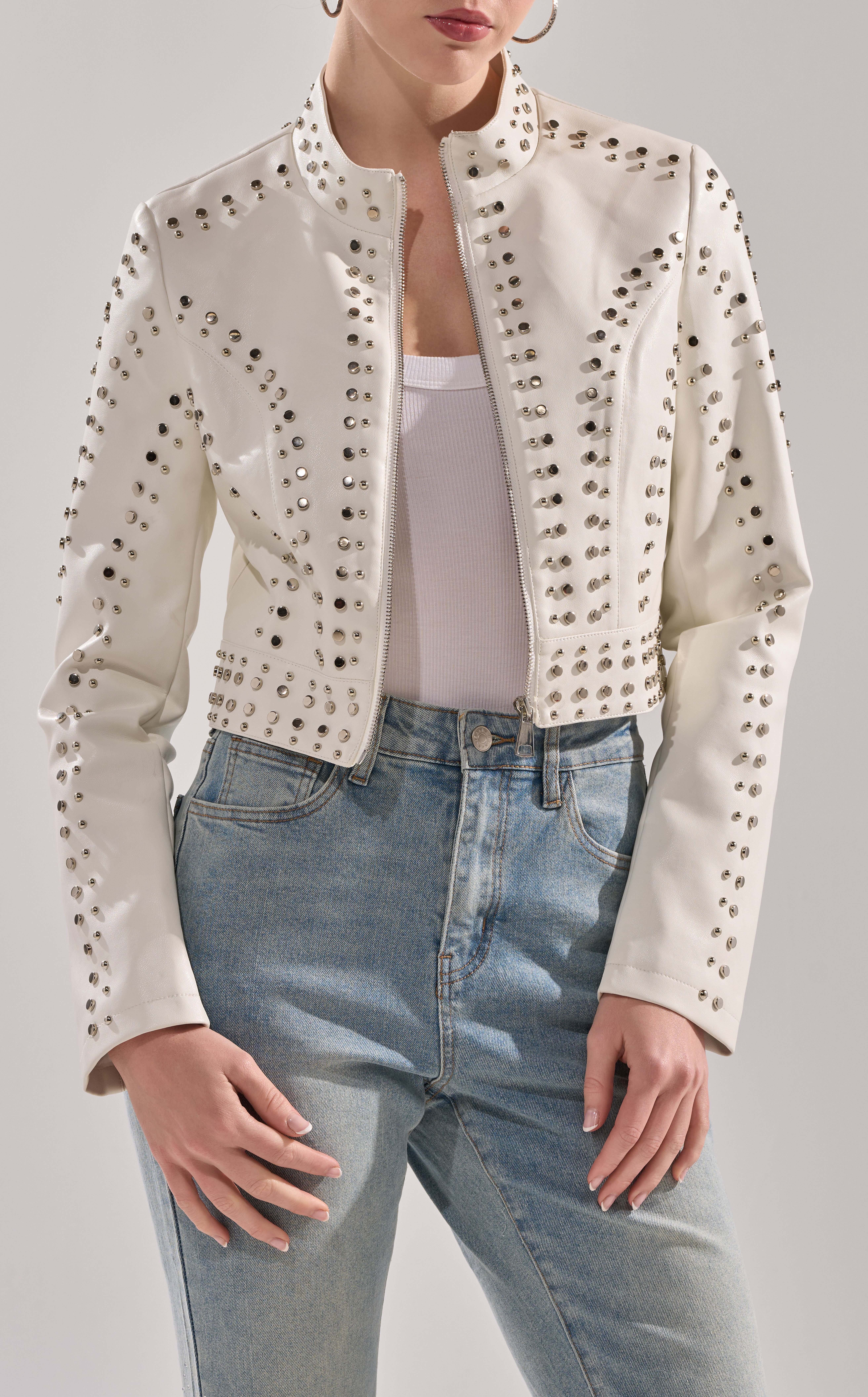 AZALEA WANG Silvina White Butter Faux Leather Moto Jacket