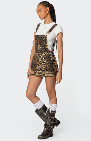 Leopard Denim Overall Mini Dress image number 3
