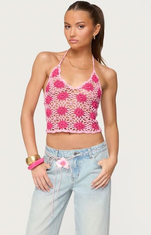 Contrast Floral Crochet Halter Top image number 1