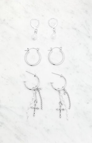 3 Pack Pearl Cross Hoop Earrings image number 1