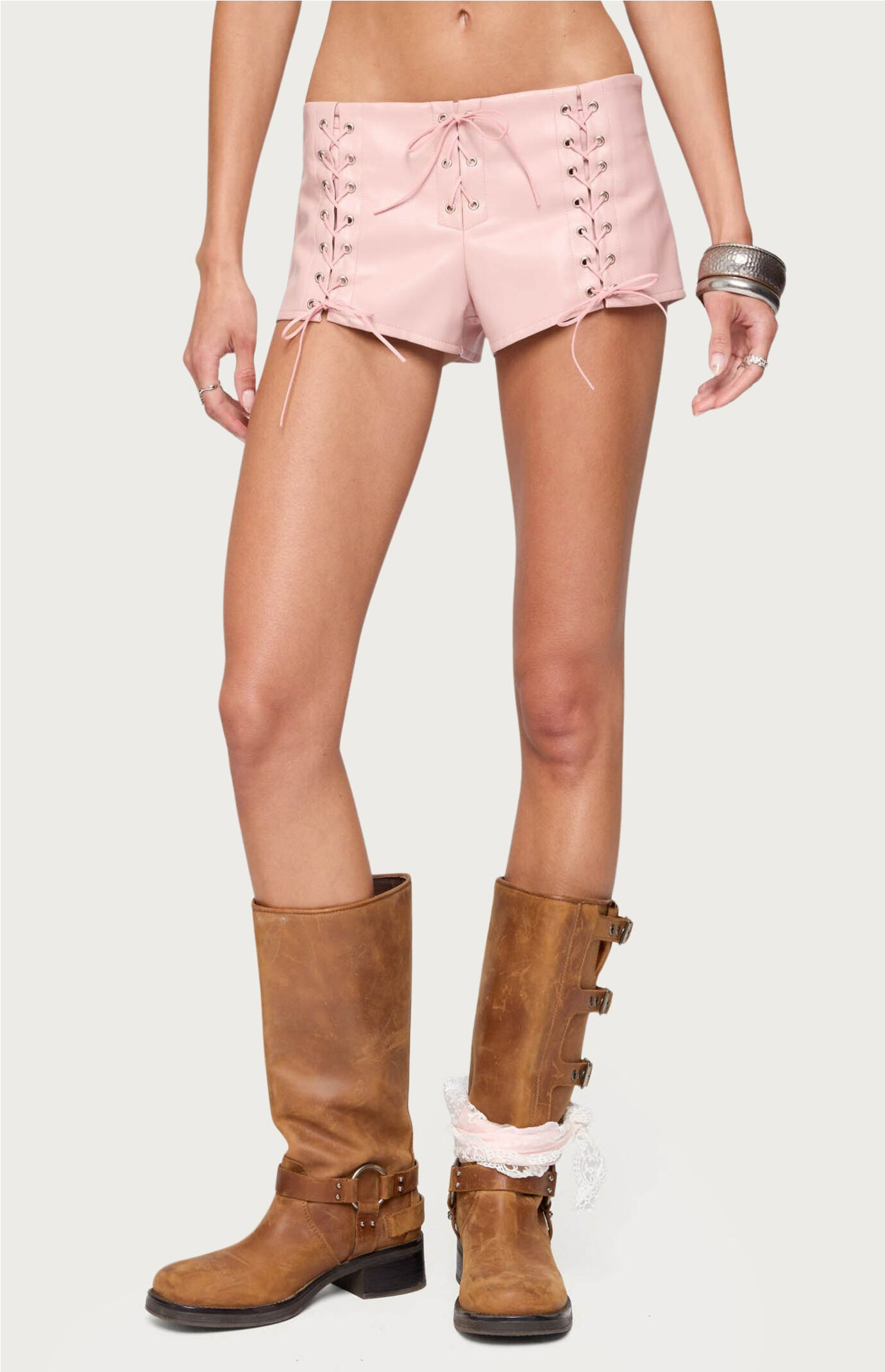 Edikted Elisha Lace Up Faux Leather Shorts