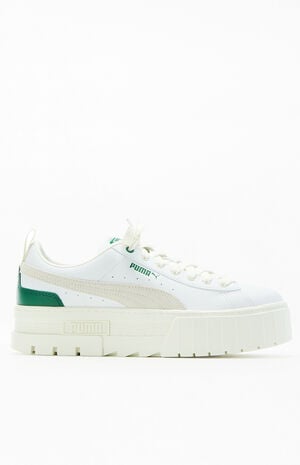Women's White & Green Mayze Leather Sneakers