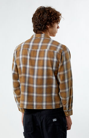 Brown Plaid Washed Cropped Flannel Shirt image number 4