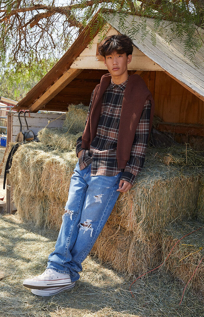 Pacsun plaid mix hooded long sleeve button up shirt deals
