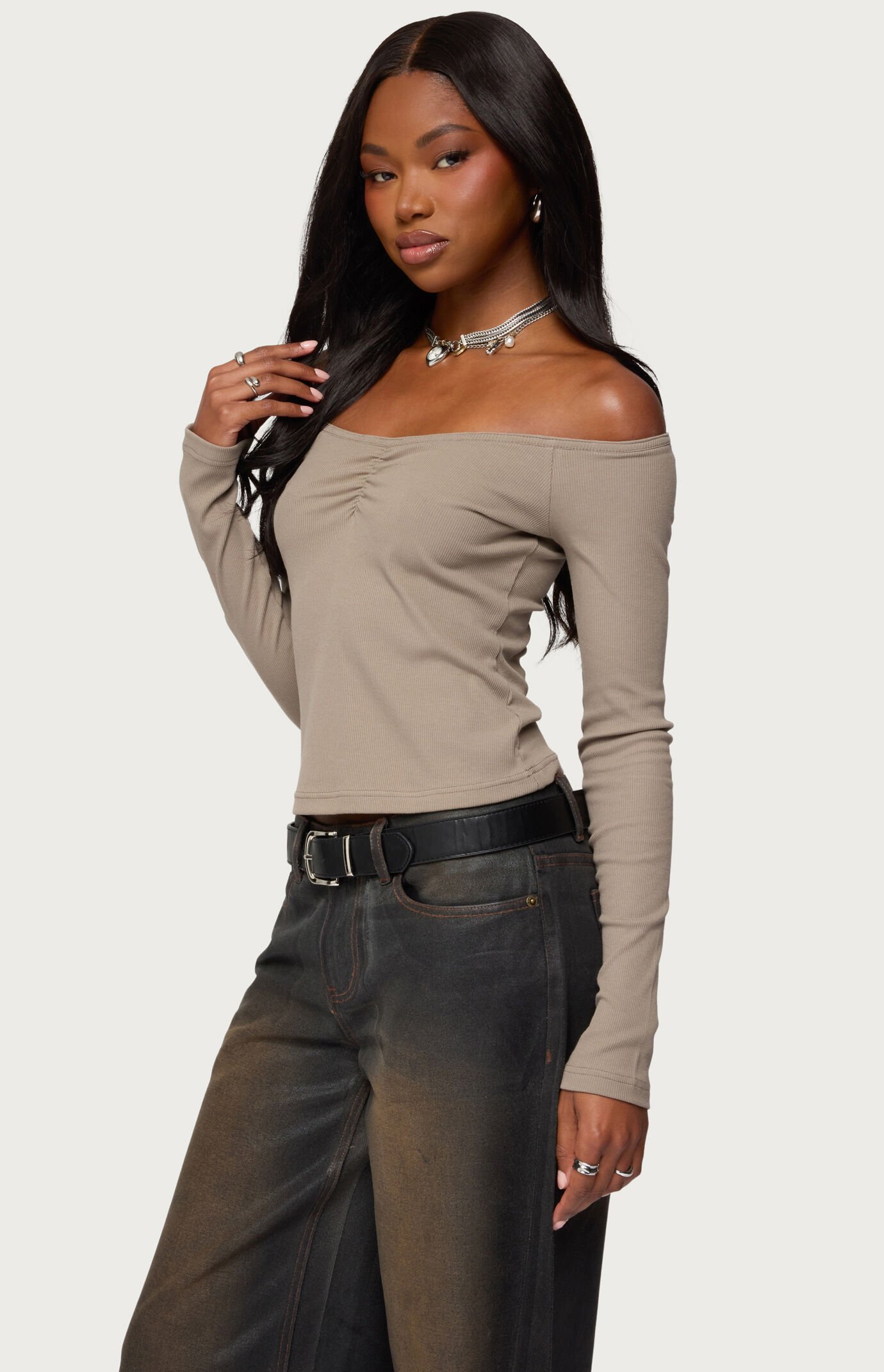 Edikted Cambria Ribbed Off Shoulder Top